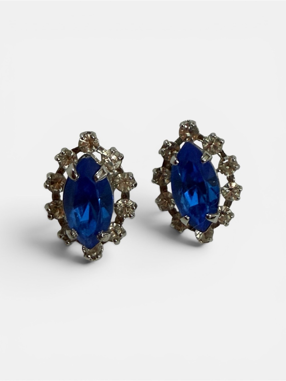 Vintage Silver Tone Sapphire Blue Rhinestone Marquise Halo Stud Earrings